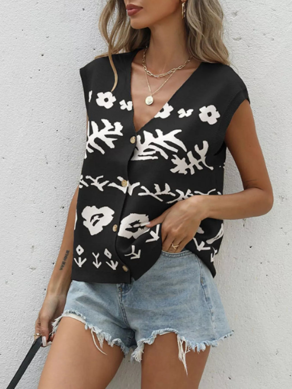 Floral V-Neck Cap Sleeve Cardigan in Black for Women