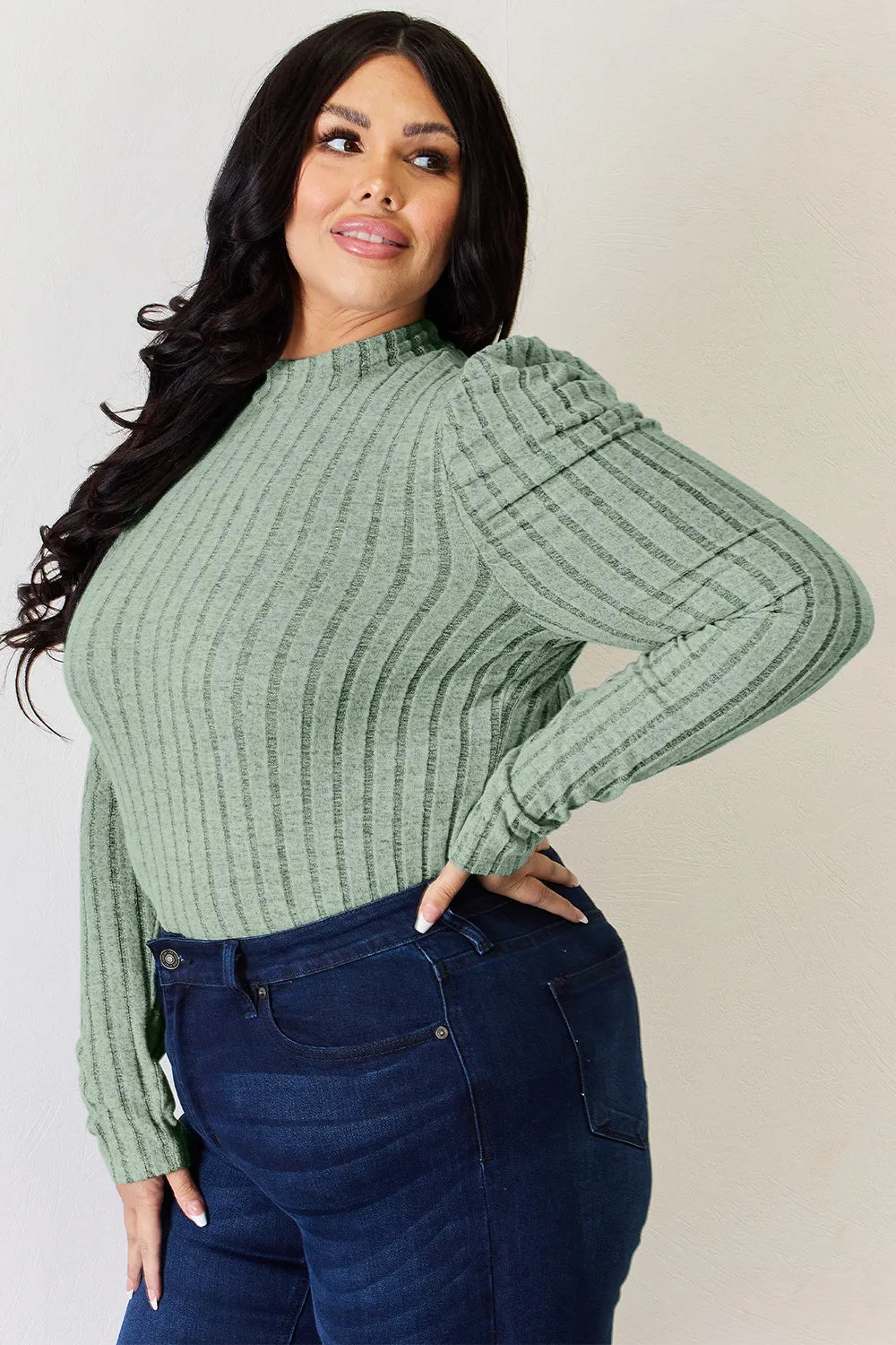 Plus Size Ribbed Mock Neck Puff Sleeve T-Shirt in Khaki for Women