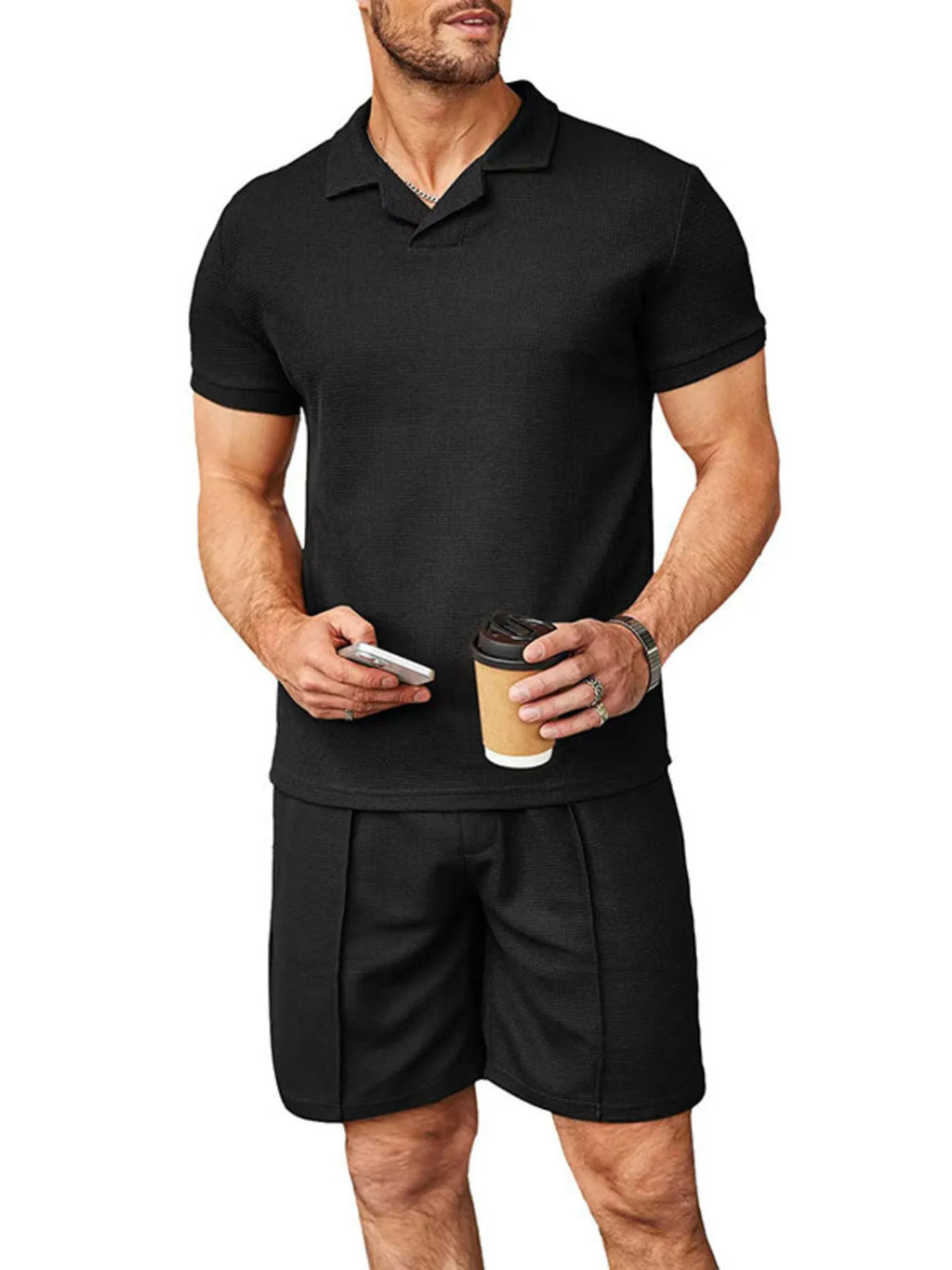 Plus Size Short Sleeve Top and Shorts Set in Grey for Men