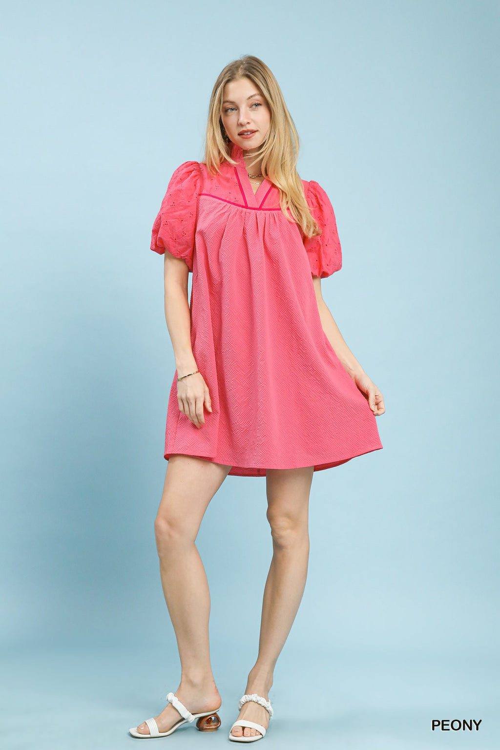 Puff Sleeve Textured Babydoll Dress in Peony for Women
