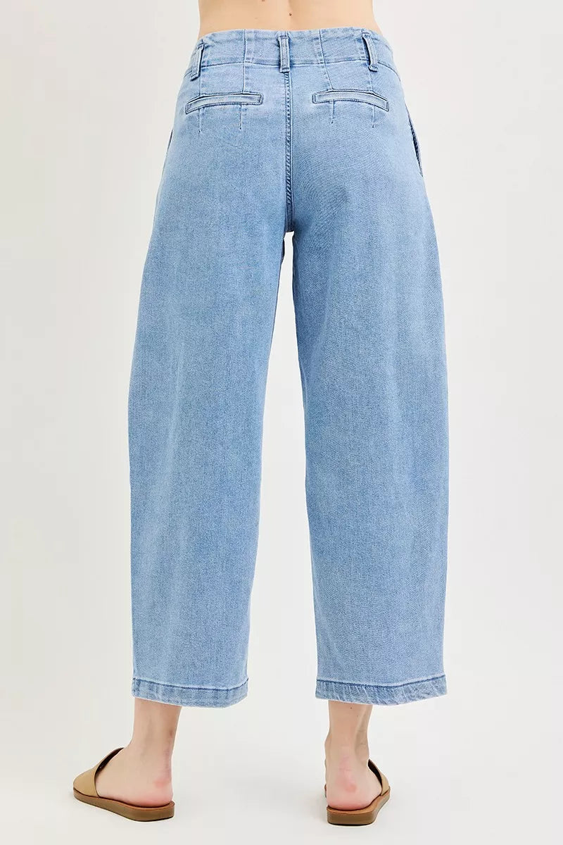 Slouchy Crop Barrel Pleated Jeans in Medium for Women