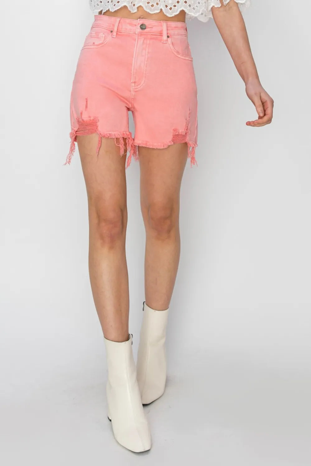 High Rise Distressed Denim Shorts in Flamingo for Women
