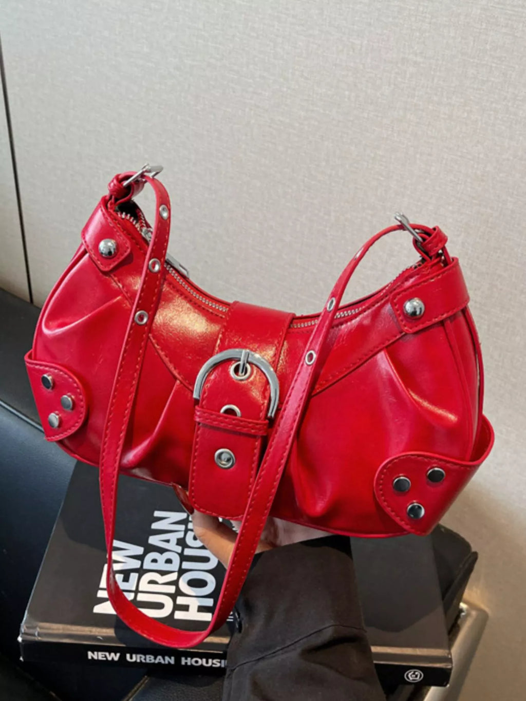Studded Buckle Shoulder Bag for Women