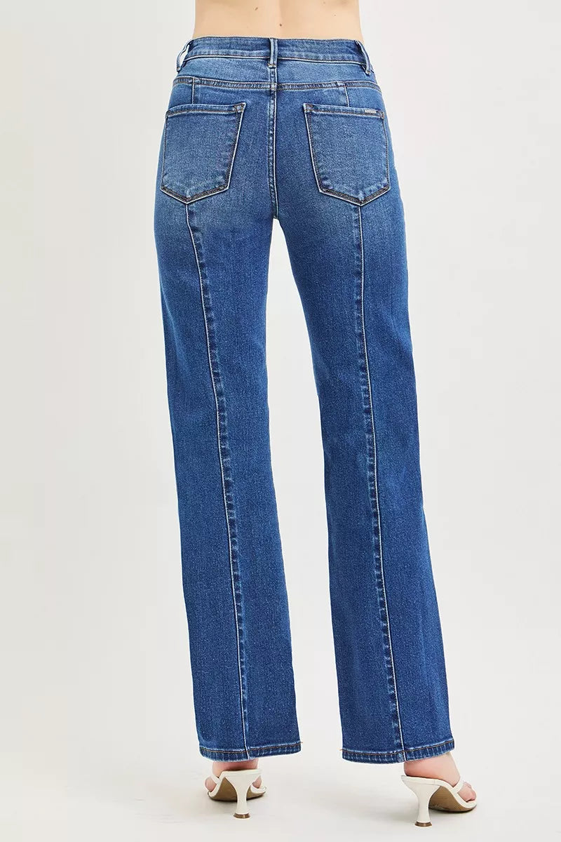 High Rise Straight Patch Pocket Seamed Jeans in Dark for Women