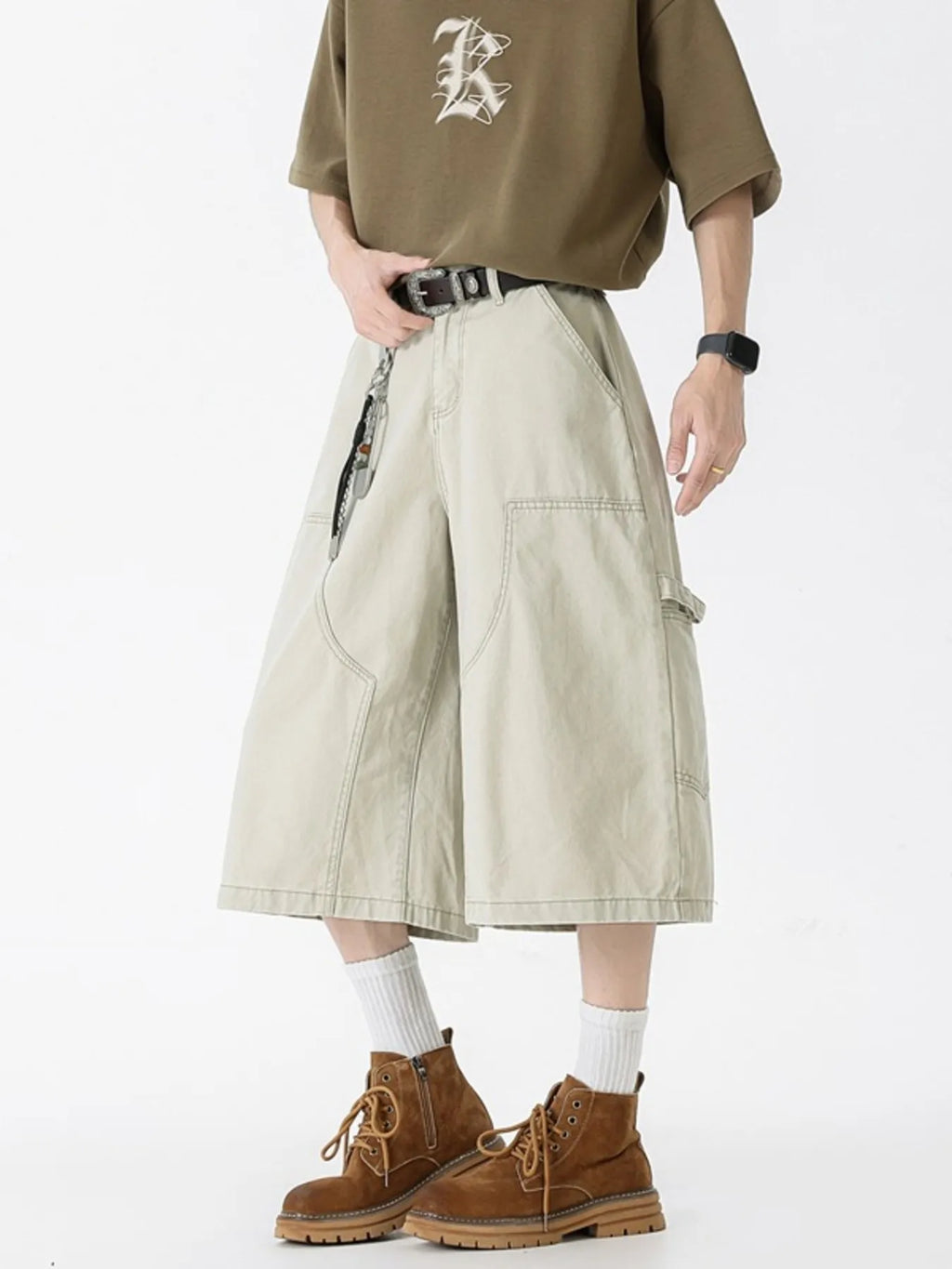 Wide Leg Cargo Denim Shorts Plus Size in Coffee Color for Men
