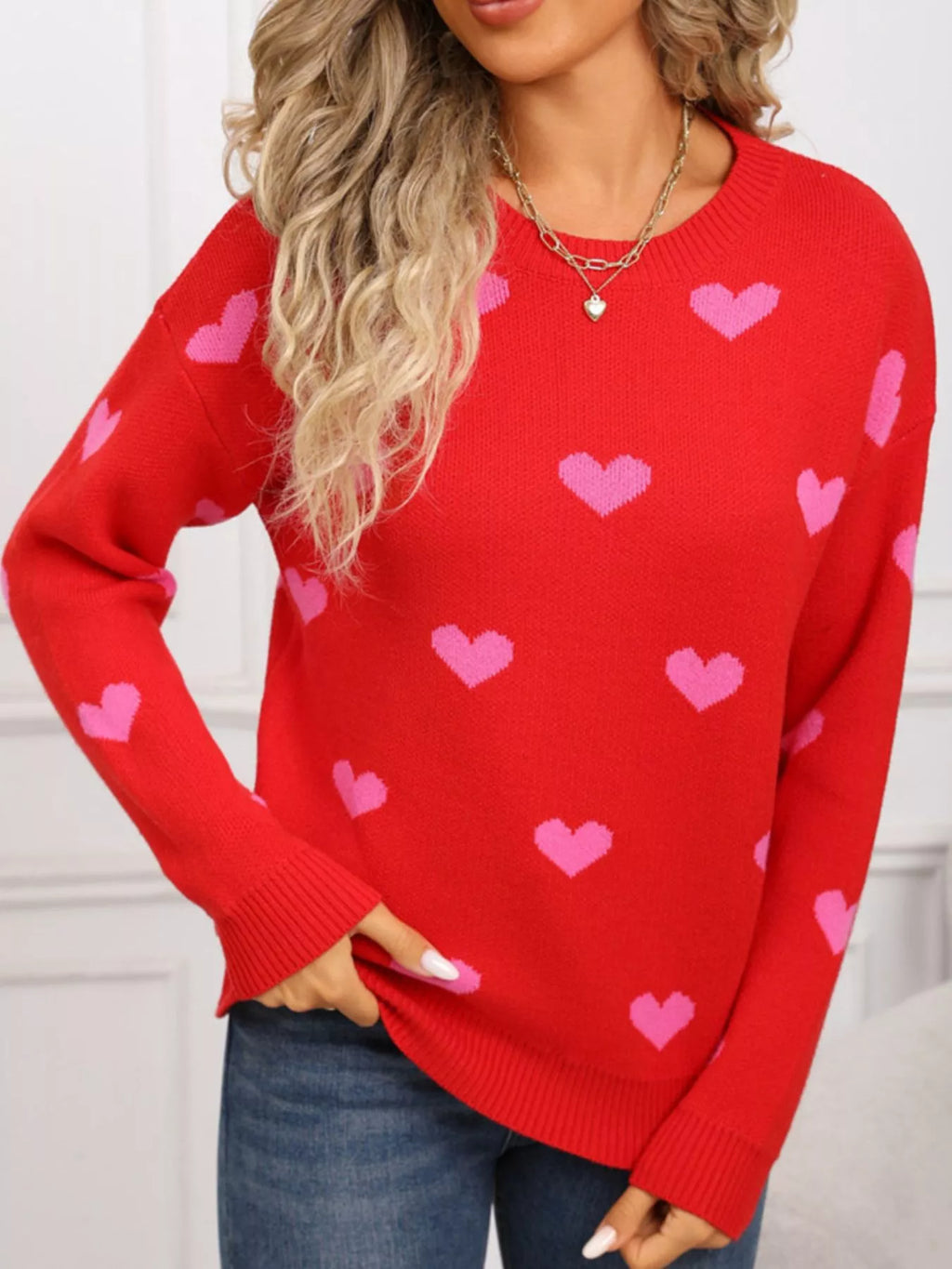 Valentines Day Heart Pattern Dropped Shoulder Sweater for Women