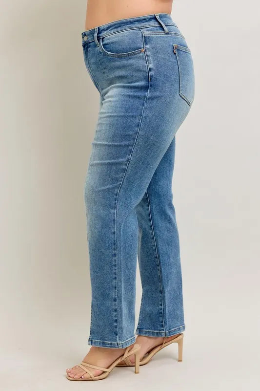 High Waist Vintage Wash Front Seam & Slit Straight Plus Size in Md for Women