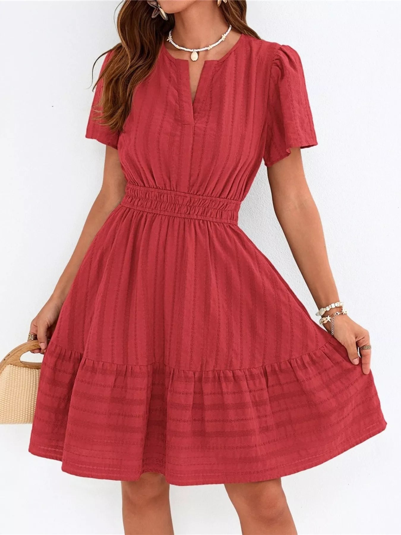 Short Sleeve Smocked Waist Tiered Dress in Black for Women