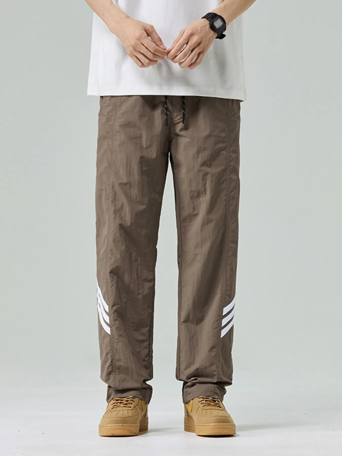 Plus Size Drawstring Wide Leg Pants in Light Khaki in Black for Men