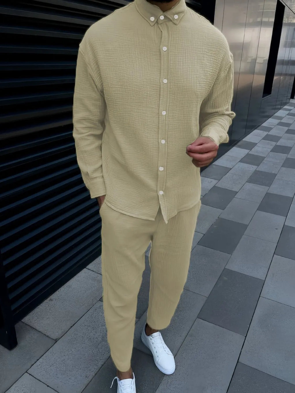 Button Down Long Sleeve Shirt and Pants Set in White in Black for Men