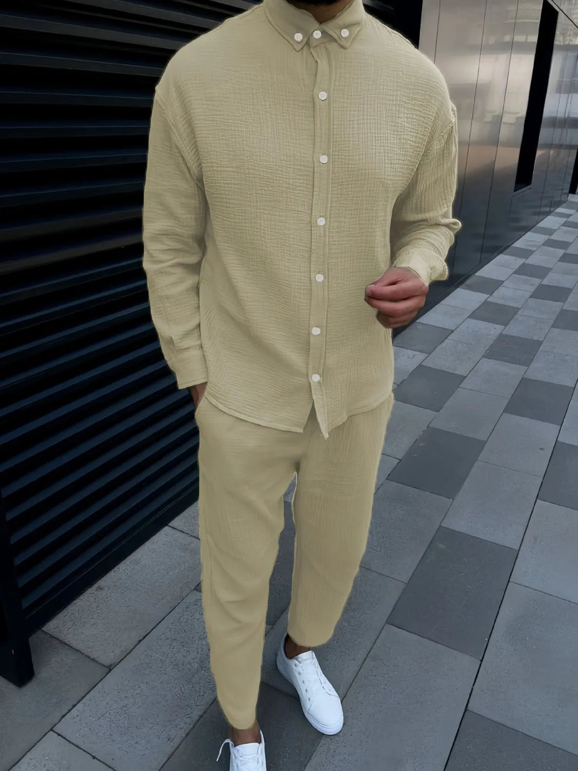 Button Down Long Sleeve Shirt and Pants Set in White in Black for Men