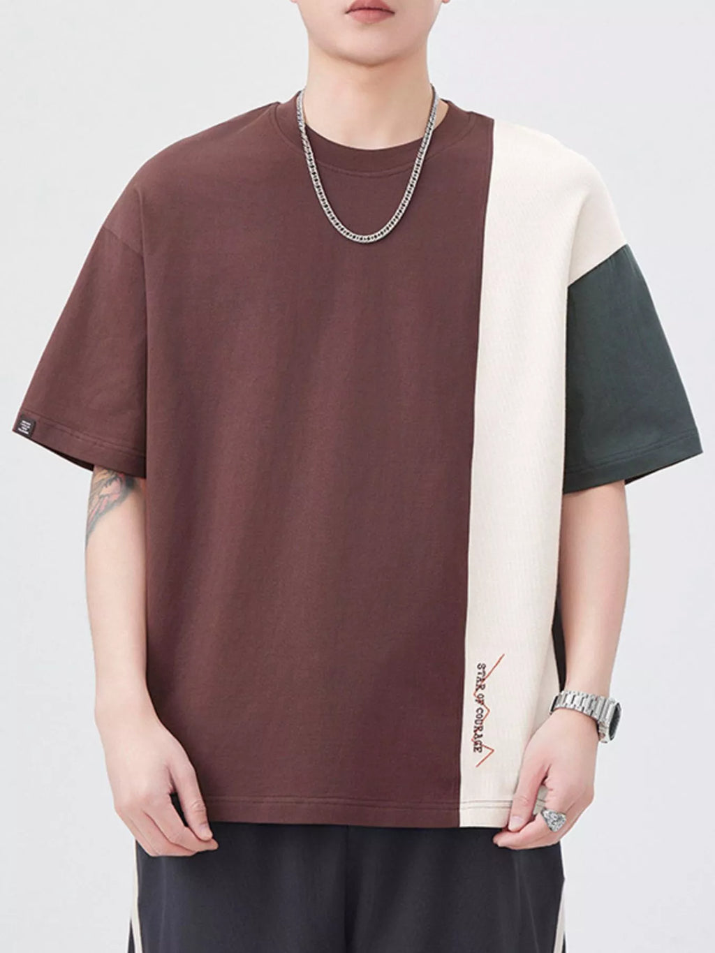 Plus Size Color Block Casual T-Shirt in Coffee Brown for Men