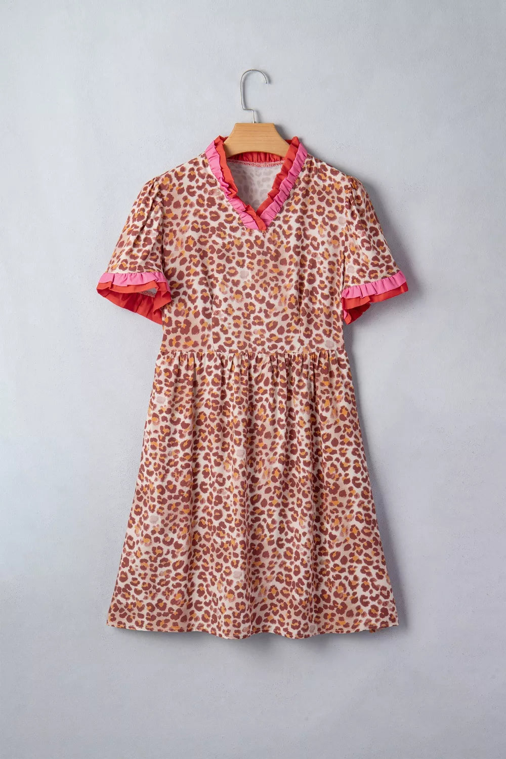 Leopard High Waist Ruffled Colorblock Trim Short Dress in Leopard for Women