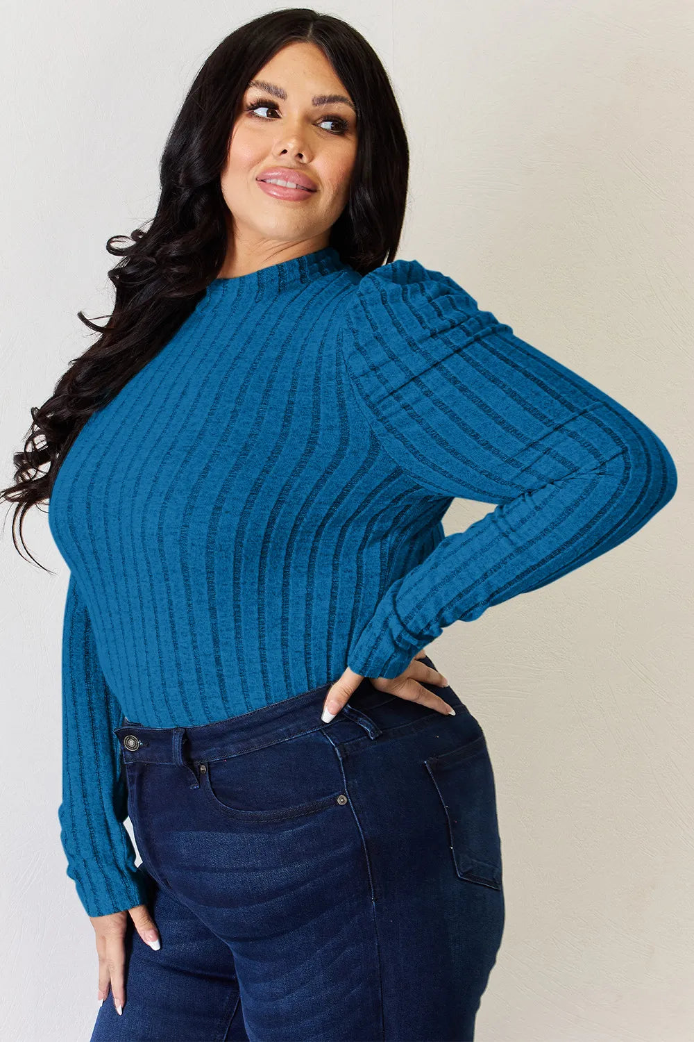 Plus Size Ribbed Mock Neck Puff Sleeve T-Shirt in Light Green for Women