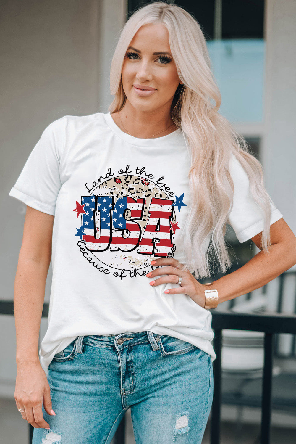 USA Graphic Round Neck Tee in White for Women