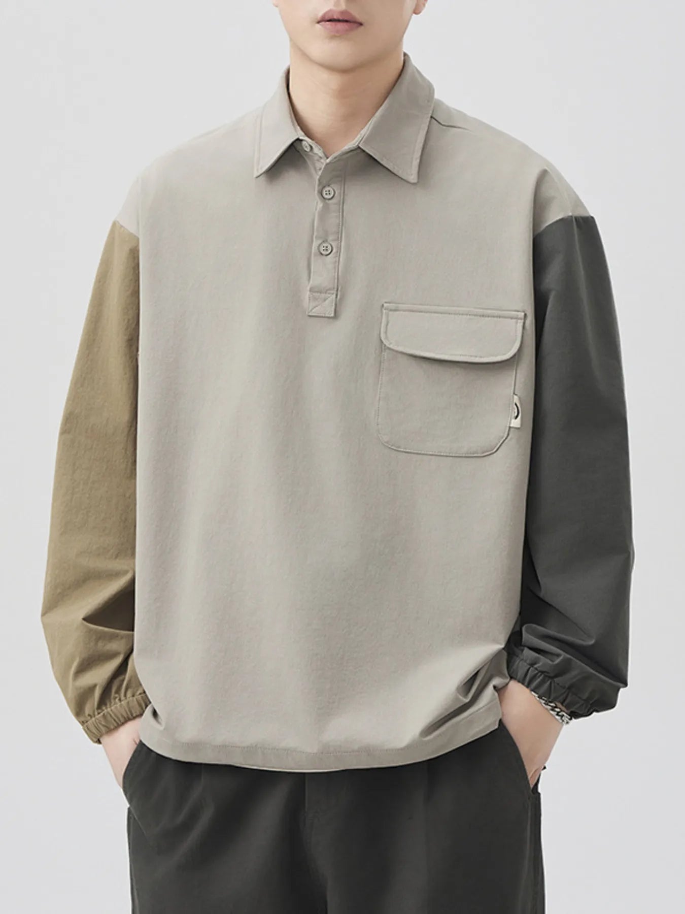 Plus Size Color Block Button Detail Polo in Coffee Color for Men