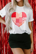 Floral Plaid Mixed Patchwork Heart-Shape Graphic T-Shirt in White for Women
