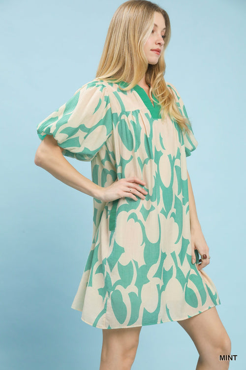 Abstract Print Puff Sleeve Shift Dress in Mint for Women