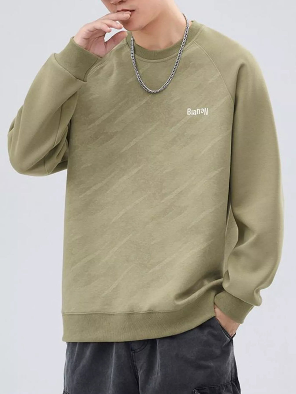 Plus Size Round Neck Raglan Sleeve Sweatshirt in Gray Green for Men
