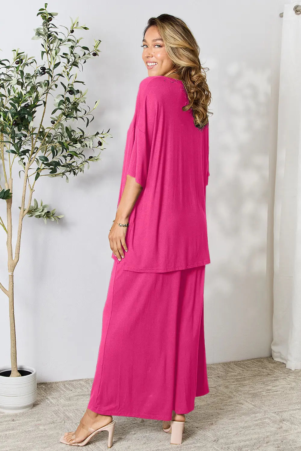 Plus Size Round Neck Slit Top and Pants Set in Hot Pink for Women
