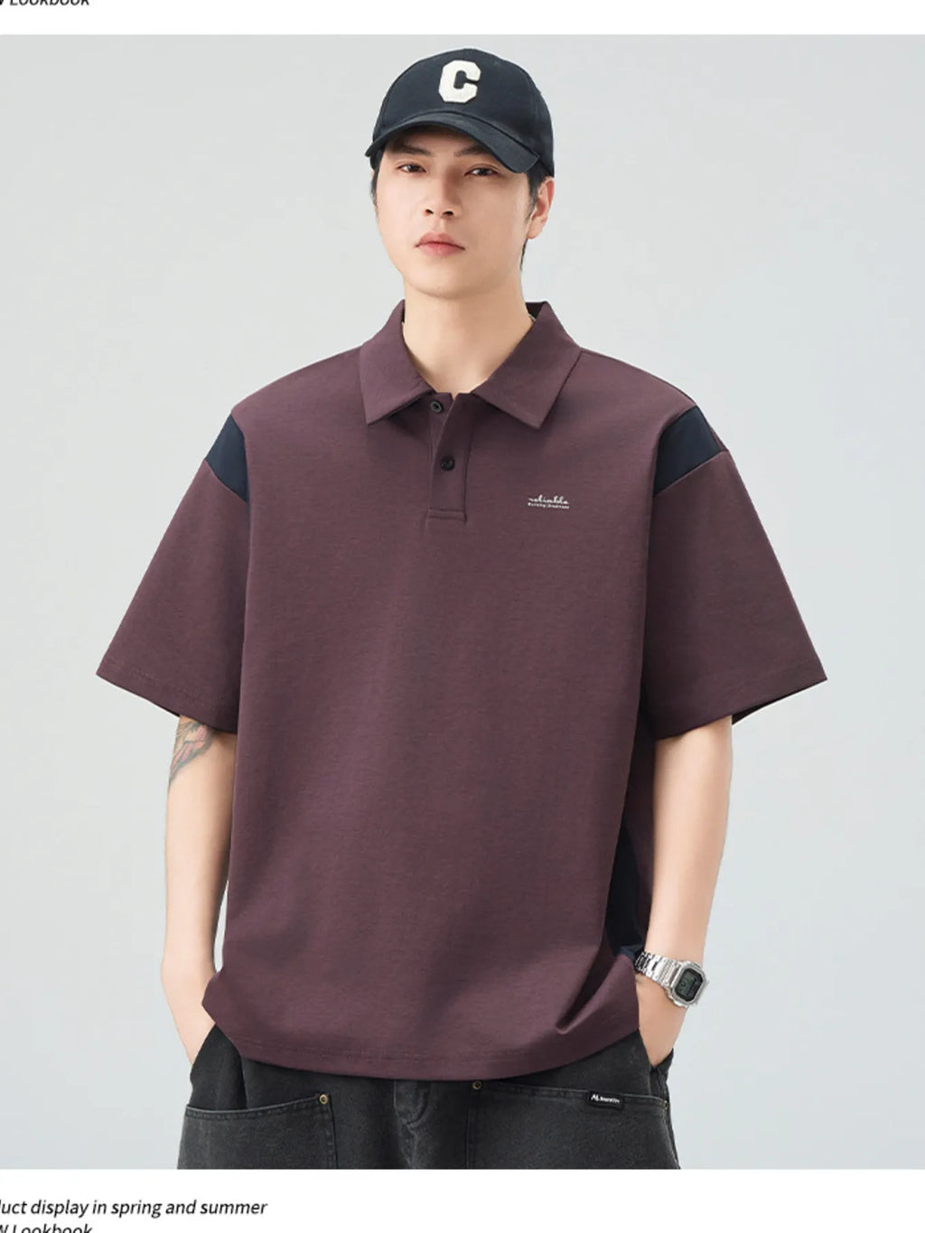 Plus Size Button Detail Short Sleeve Polo in Khaki Green in Light Coffee for Men