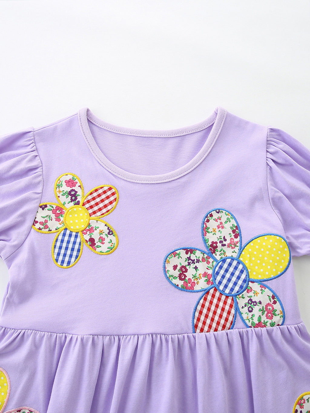 Floral Puff Sleeve Casual Dress in Lavender for Girls