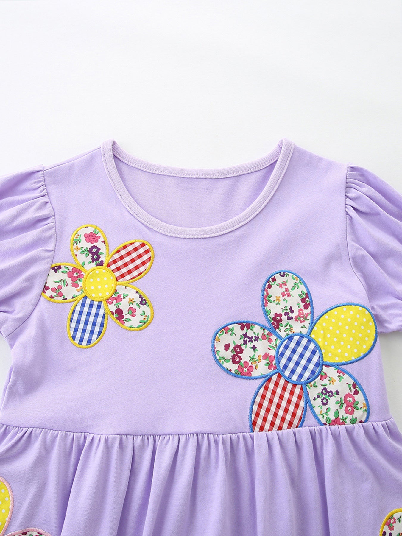 Floral Puff Sleeve Casual Dress in Lavender for Girls