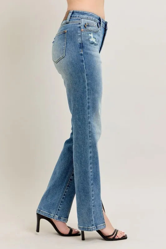 High Waist Vintage Wash Front Seam & Slit Straight Plus Size in Md for Women