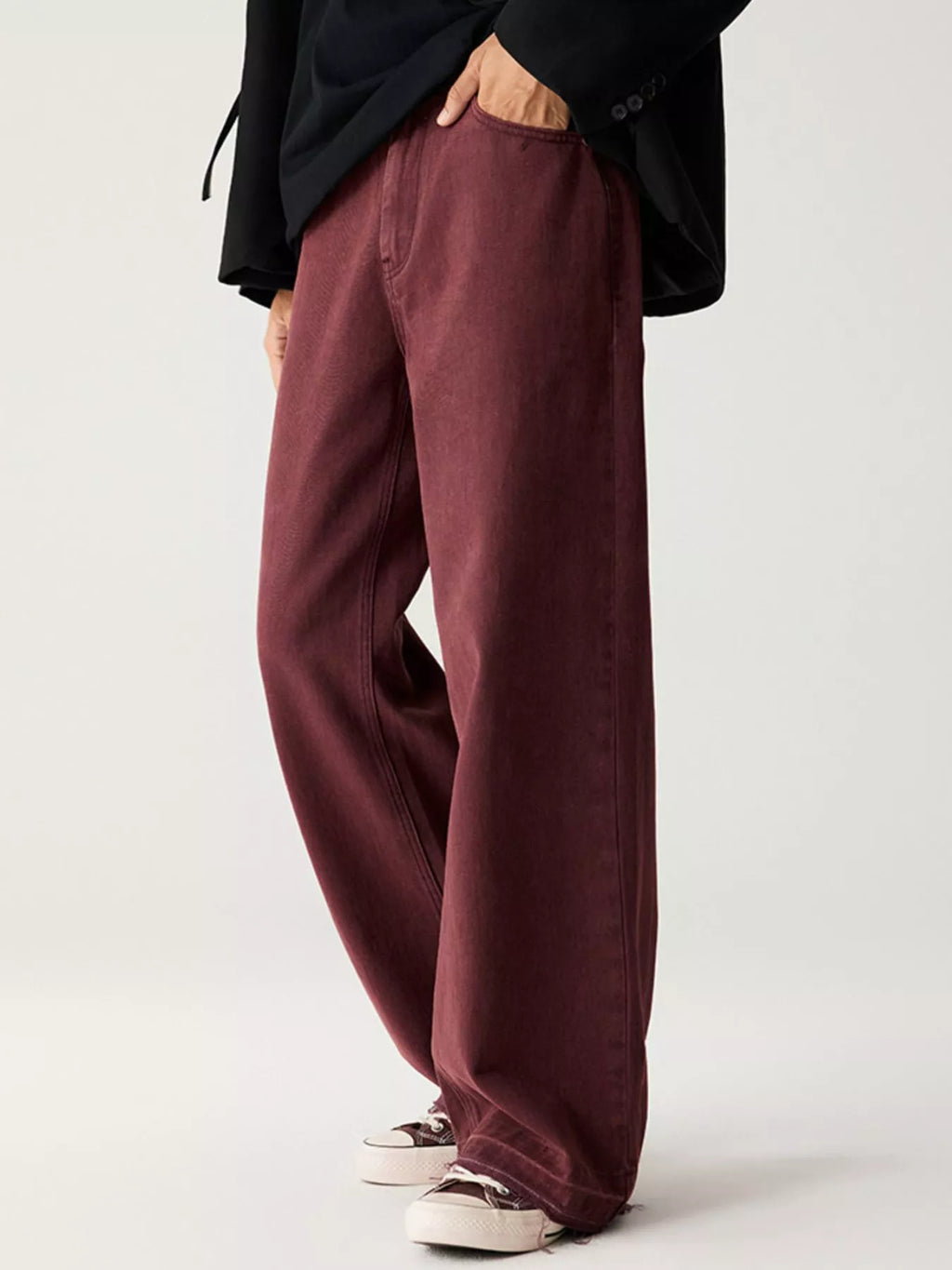 Wash Relaxed Fit Wide Leg Jeans in Berry Red for Men
