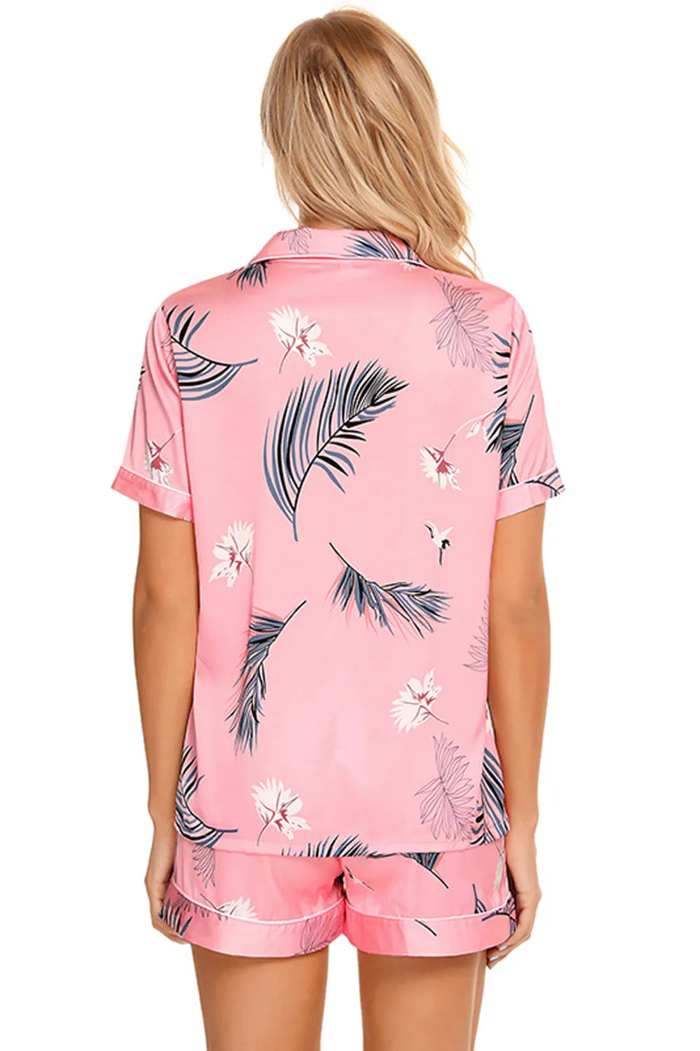 Printed Button Up Short Sleeve Top and Shorts Lounge Set in Pink for Women