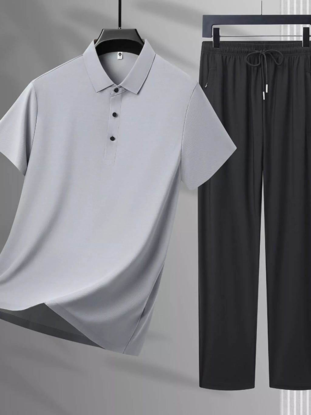 Plus Size Button Detail Polo and Pants Set in Black for Men