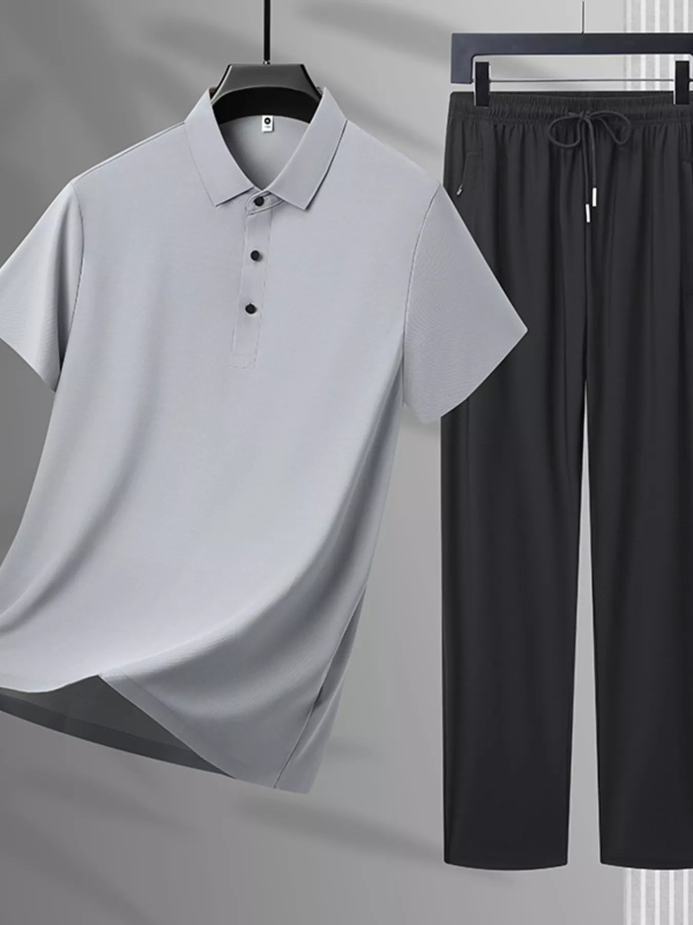 Plus Size Button Detail Polo and Pants Set in Black for Men