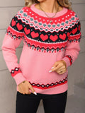 Valentines Day Heart Pattern Knitted Sweater in Pink for Women