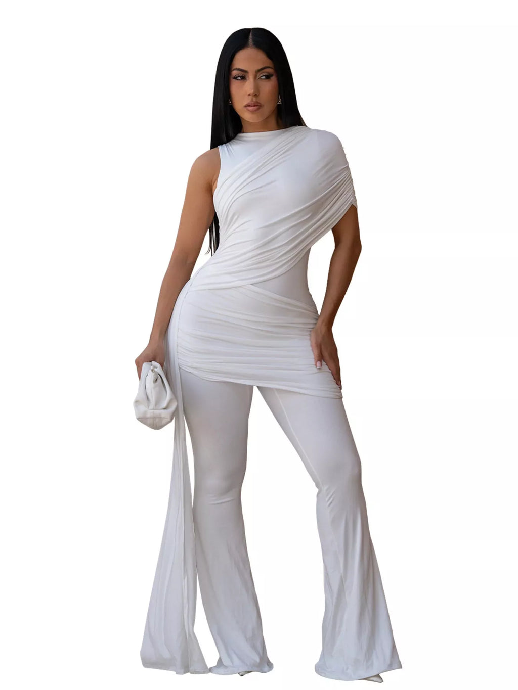 Ruched One-Shoulder Flare Leg Jumpsuit in White for Women