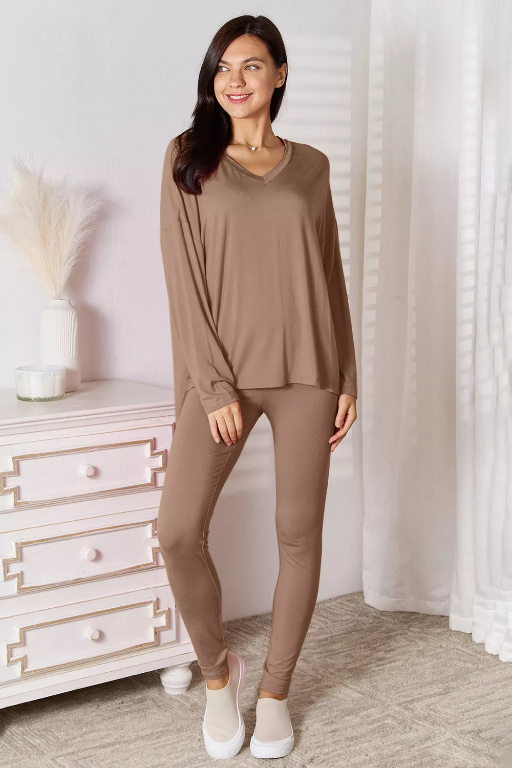 Plus Size V-Neck Soft Rayon Long Sleeve Top and Pants Lounge Set in Sky Blue for Women
