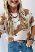 Western Horse Short Puff Sleeve Sweater in Beige for Women