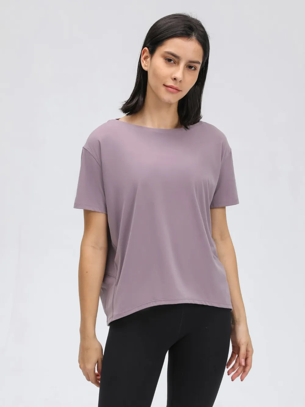 Round Neck Short Sleeve Active T-Shirt in Classic in Dusty Blue for Women