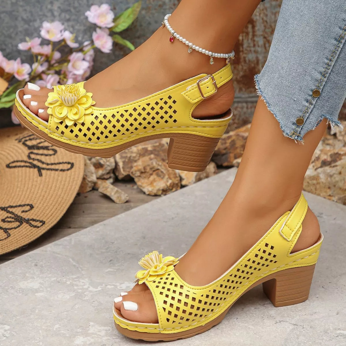 Floral Accent Block Heel Sandals in White for Women