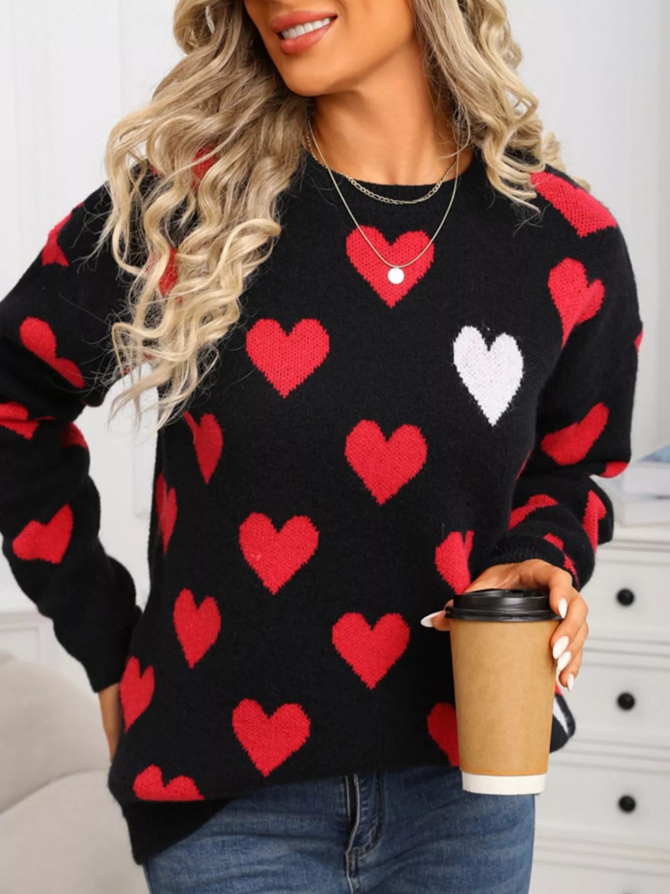 Valentines Day Heart Crew Neck Sweater in White in Black for Women