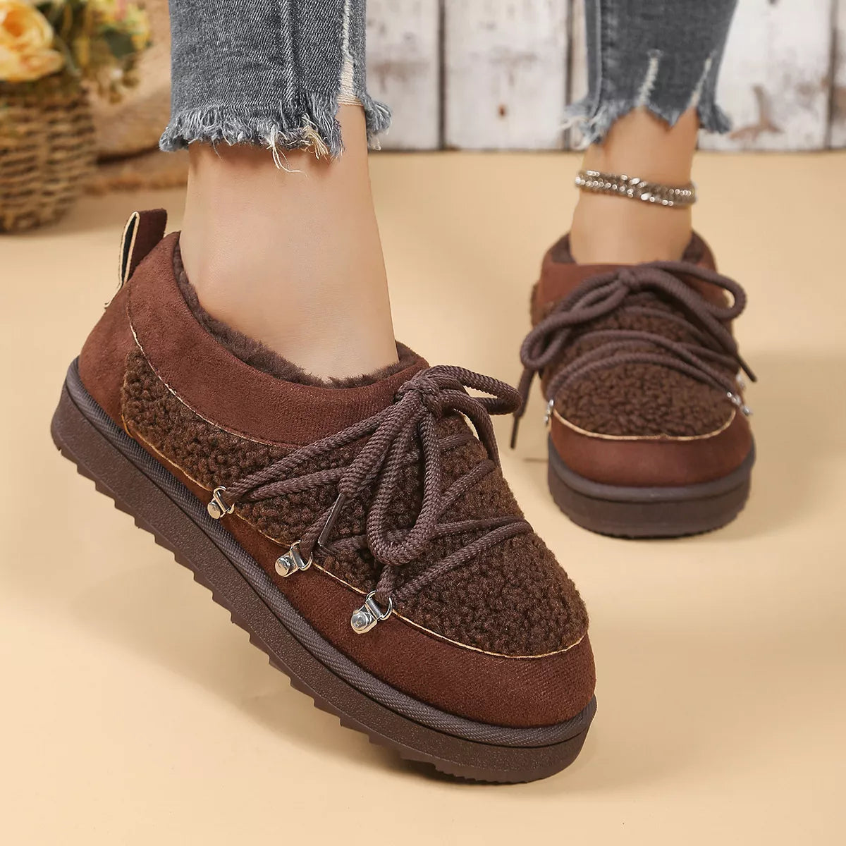 Lace Up Round Toe Platform Ankle Boots in Camel for Women