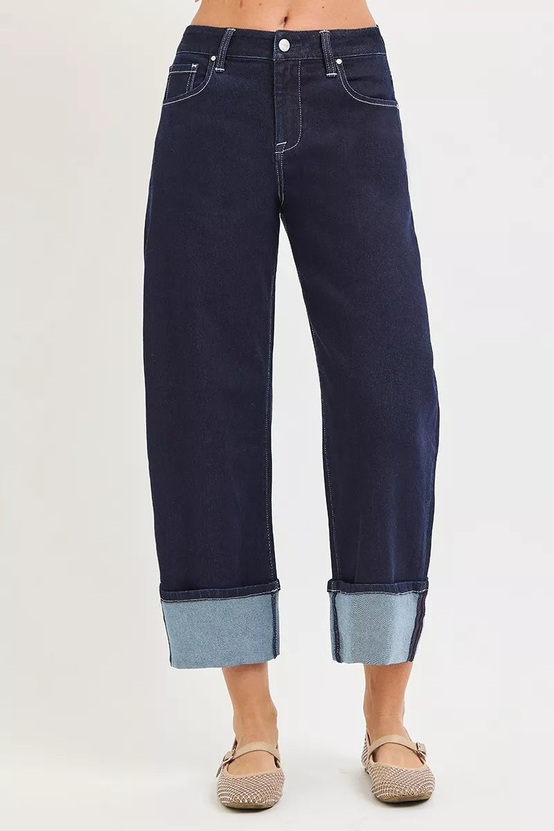 Slouchy Crop Barrel Cuffed Hem Jeans in Solid Dark for Women