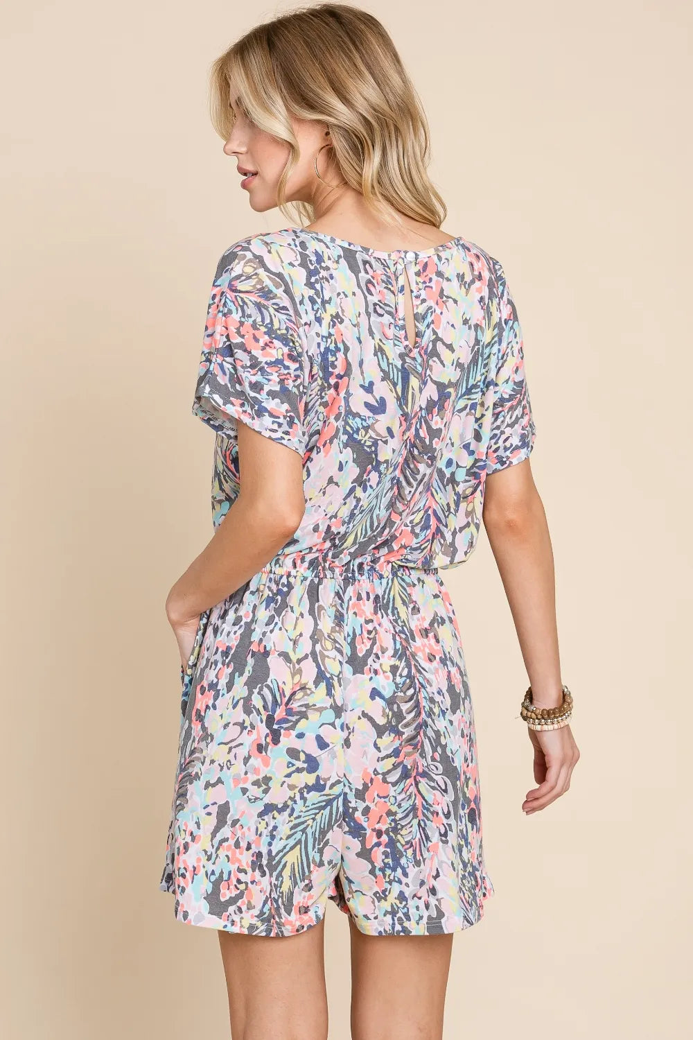 Bombom Printed Short Sleeve Drawstring Romper in Grey for Women