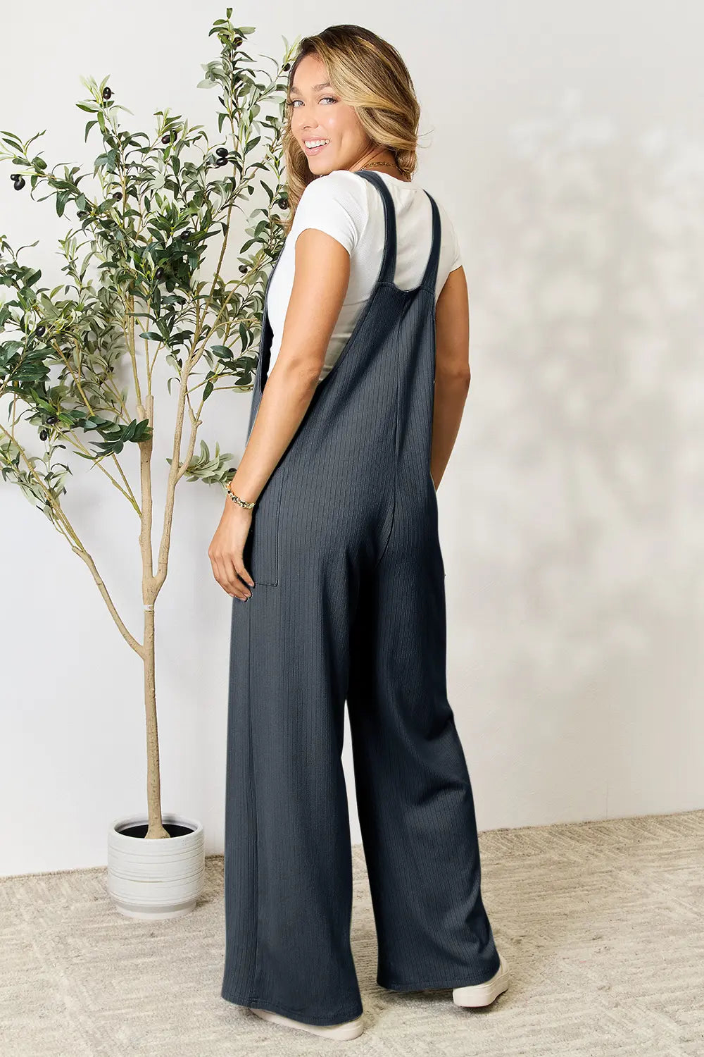 Plus Size Wide Strap Overall with Pockets in Cloudy Blue for Women