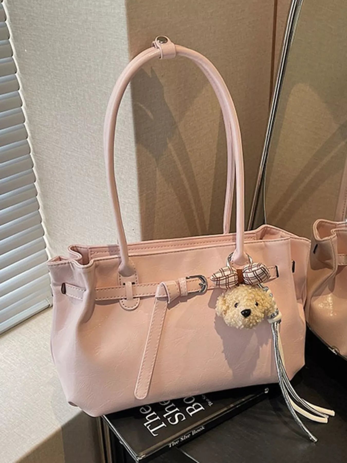 Leather Shoulder Bag with Dog Charm in Blush Pink for Women