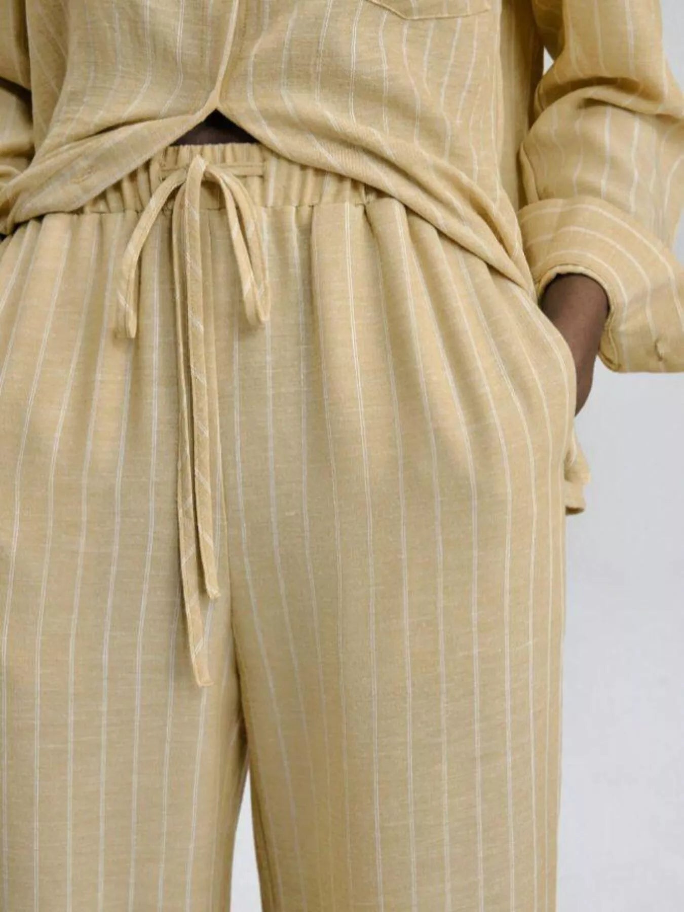 Striped Button Up Shirt and Pants Set in Pastel Yellow for Women