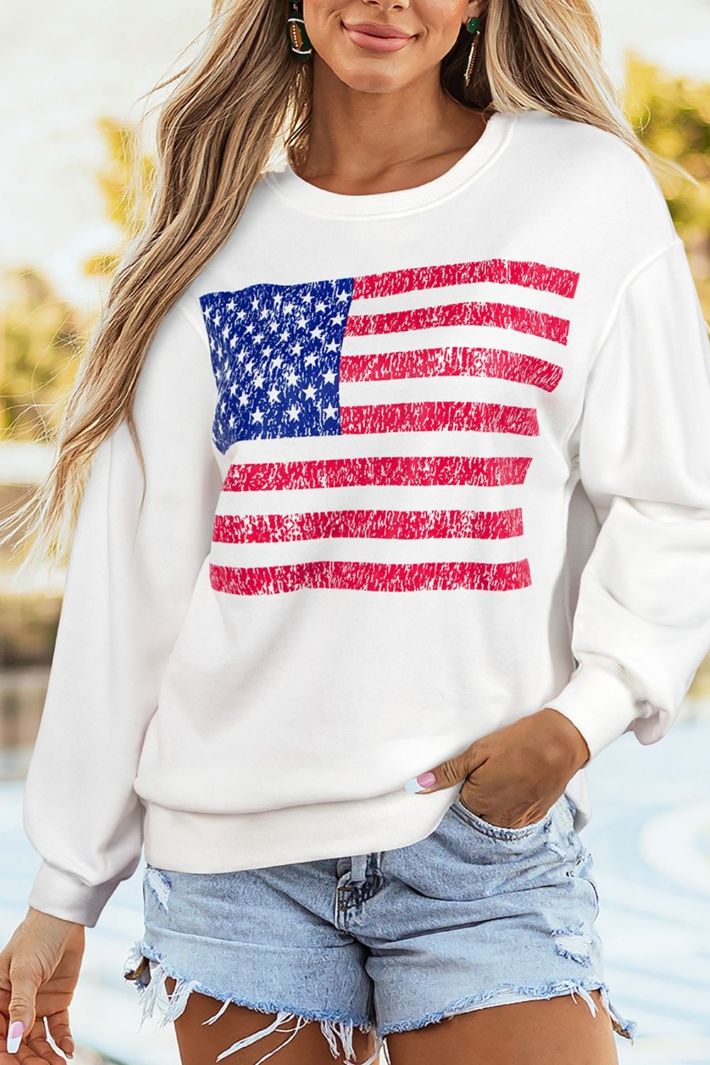 American Flag Round Neck Casual Sweatshirt in White for Women