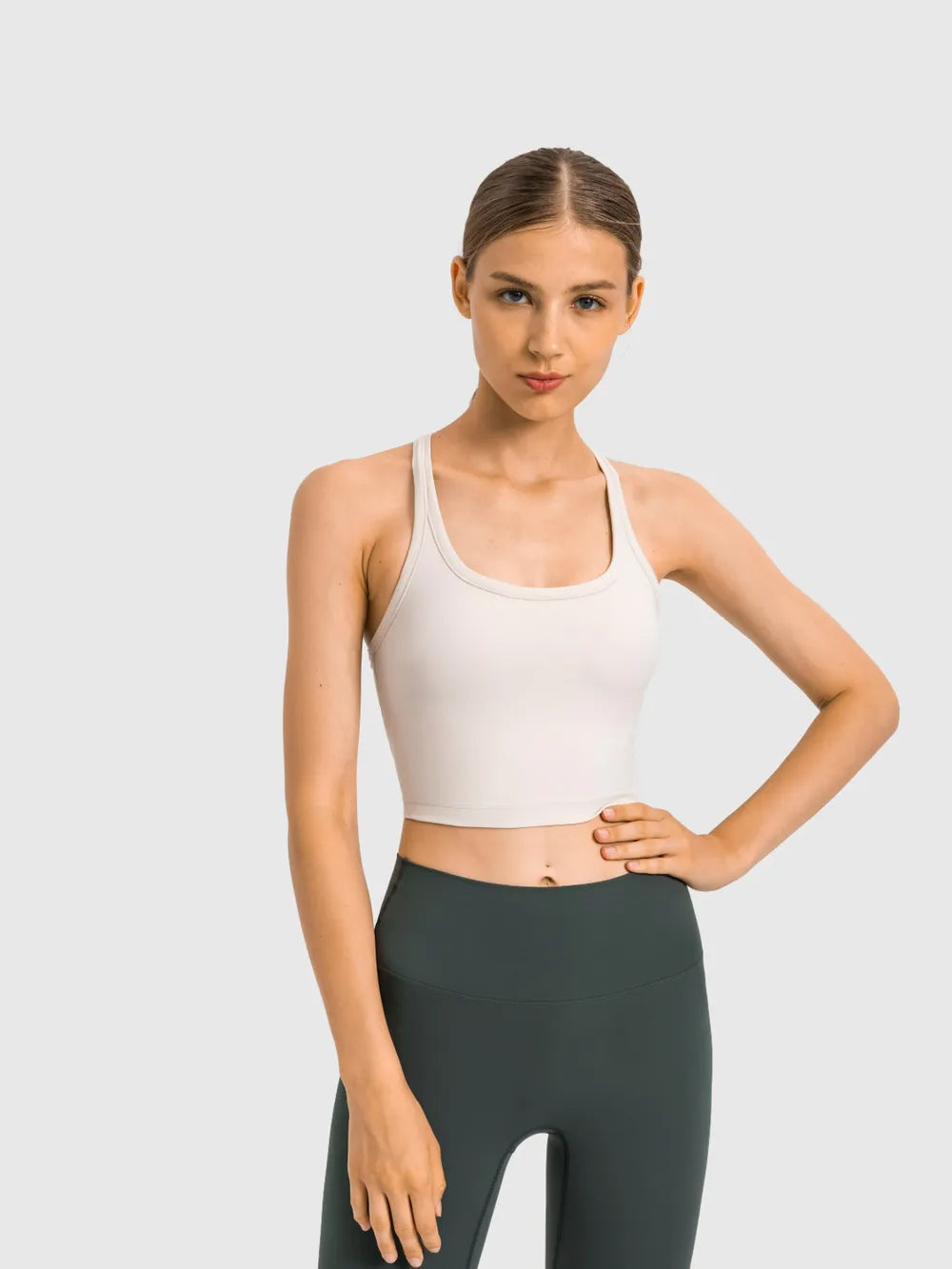Scoop Neck Active Tank with Detachable Chest Pads in Sage for Women