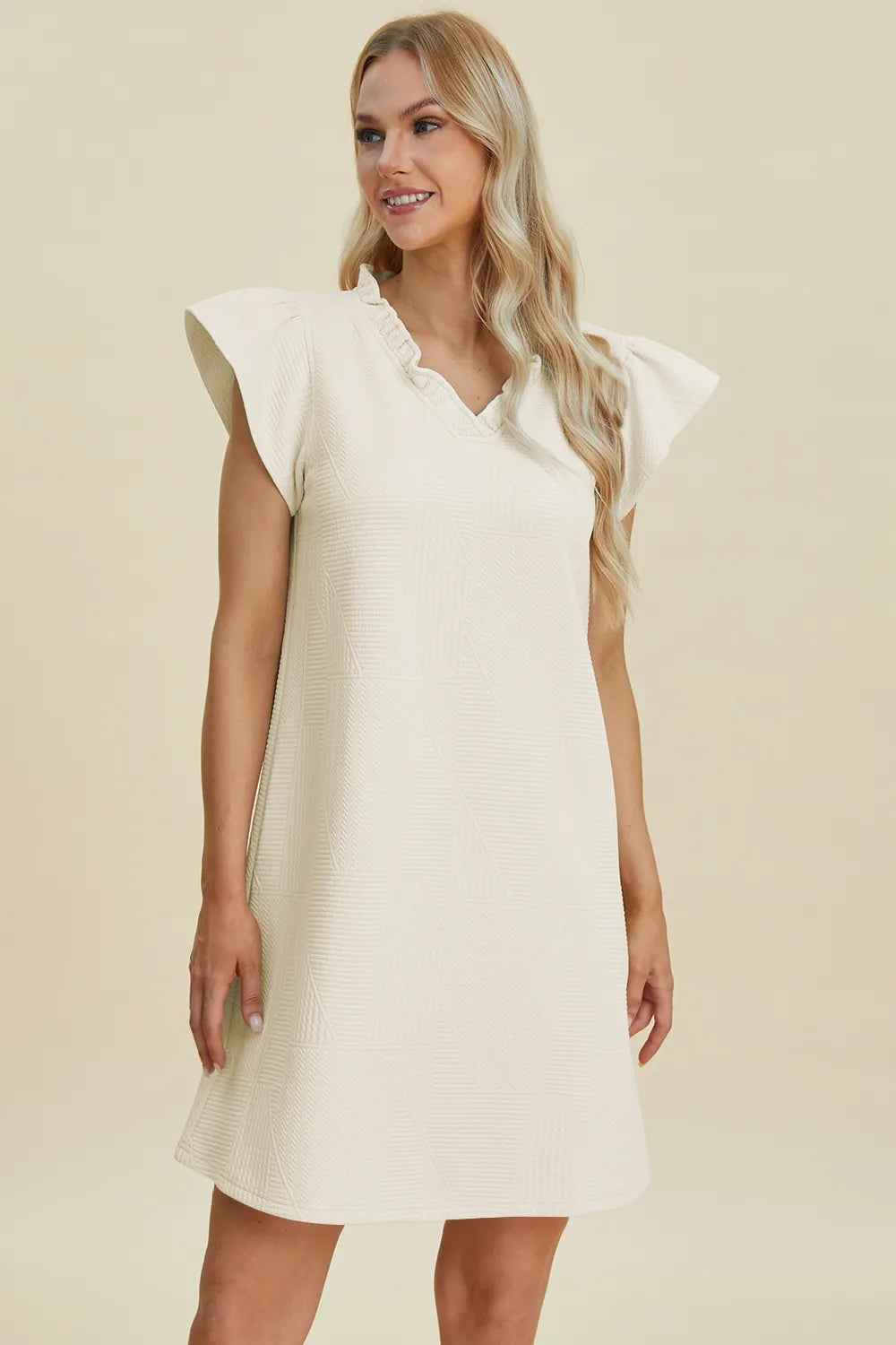 Plus Size Ruffled V-Neck Cap Sleeve Dress in Black for Women
