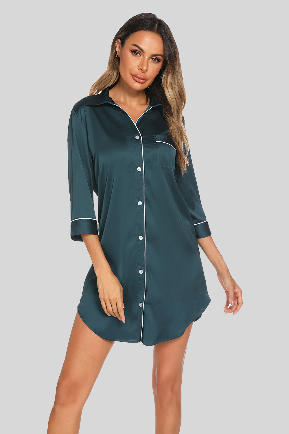 Button Up Collared Neck Night Dress with Pocket in Black for Women