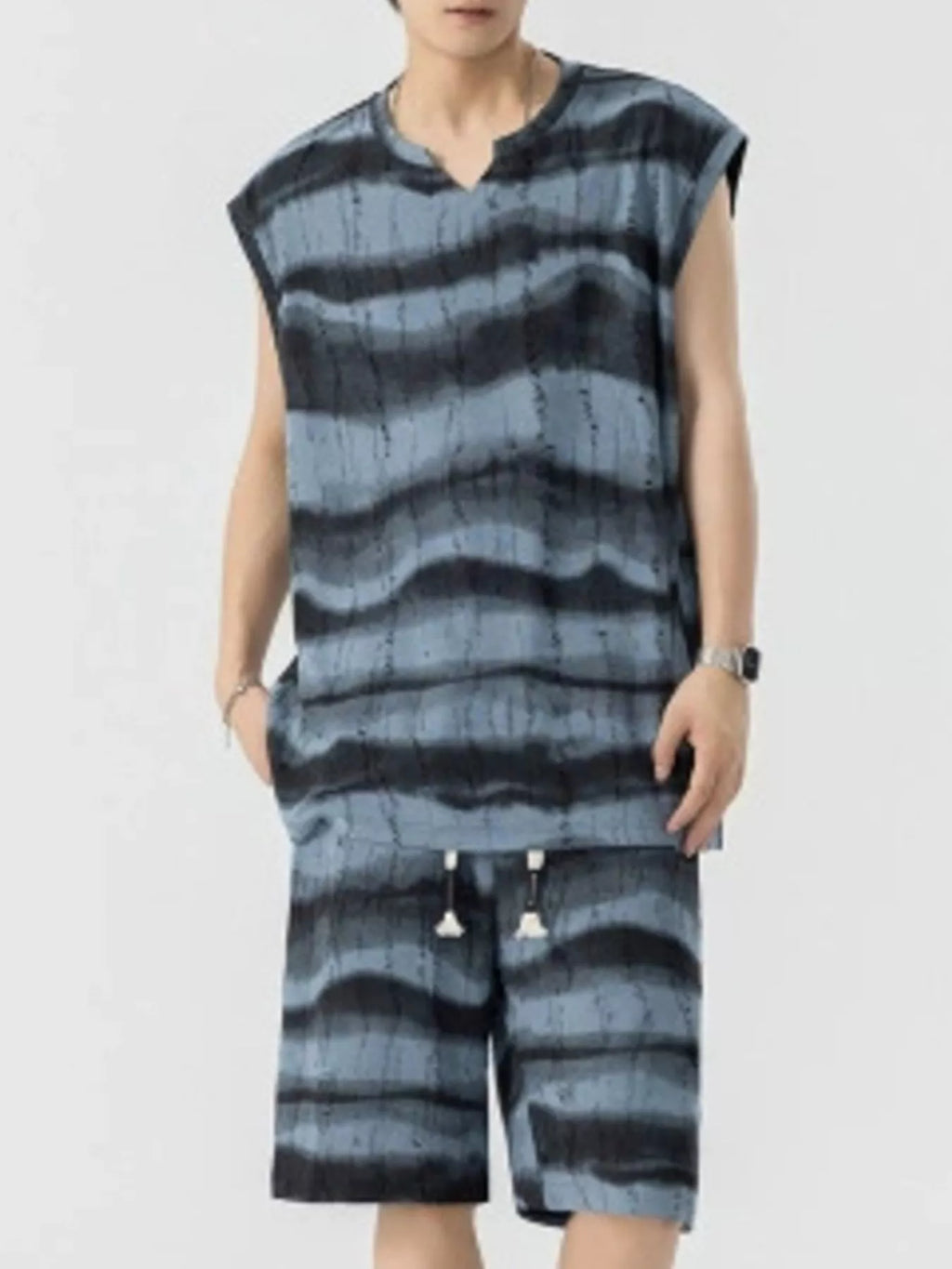 Plus Size Striped Tank and Shorts Set in Sage for Men